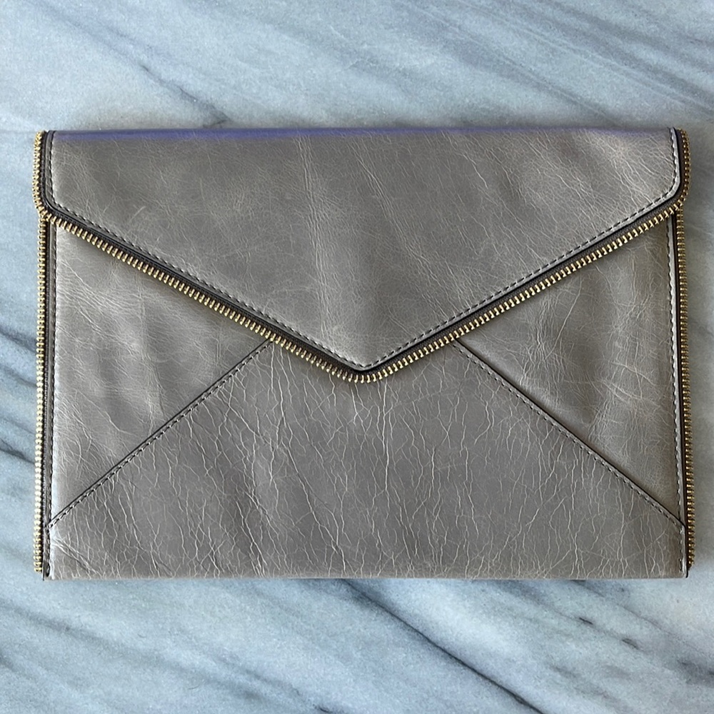 Rebecca Minkoff Taupe Leather Leo Envelope Clutch w/ Gold Hardware
